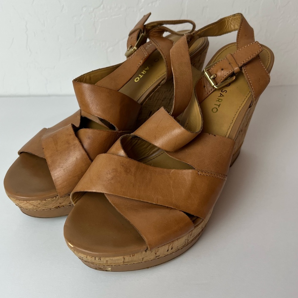 Franco Sarto L. Shiver Tan Leather Cork Wedge Sandals Size 9M Boho Summer Chic